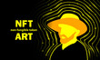 NFT art banner with Vincent Van Gogh in a straw hat. Abstract neon digital art with Vincent Van Gogh self-portrait outline silhouette.