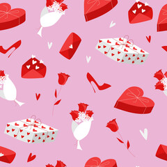 Bright romantic vector seamless pattern for valentine's day. Flat red and white elements isolated on pink background. 