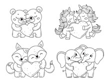 Set Of Adorable Couples Of Valentine With Heart.Animals For Coloring Book.Line Art Design For Kids Coloring Page.