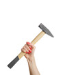 Female hand with a red manicure and a hammer on an isolated white background.