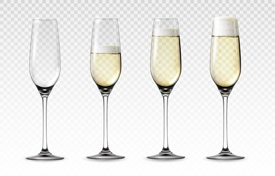 Wall Mural - Realistic glass of sparkling wine. Transparent mockup of empty or half full wineglass with bubbled wine. Wedding and Valentine day celebration toast. Vector 3D champagne glassware set