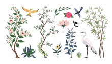 Chinoiserie Birds And Plants. Traditional Japanese Art With Leaves And Heron. Botanical Elements. Bamboo And Flowers. Peony Or Sakura. Exotic Flying Animals. Vector Chinese Illustration