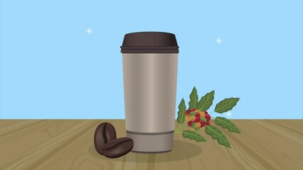 Poster - delicious coffee takeway pot and plant animation