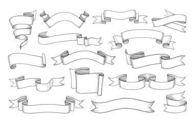 Poster - Vintage ribbon. Hand drawn retro scroll flag antique element. Decoration swirl tape engraving. Curled elegant bands. Isolated old stripe labels. Outline header frames. Vector sketch set