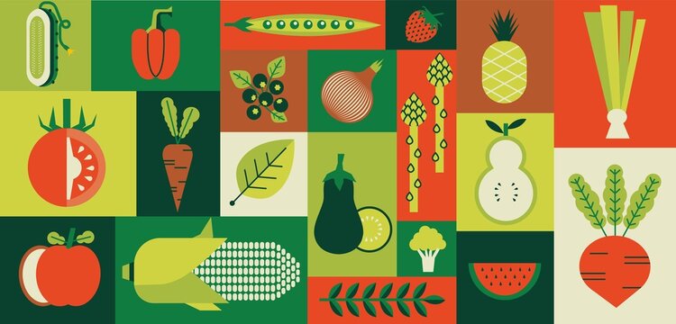 Wall Mural - Geometric food. Abstract organic farm vegetables and fruits. Banner with healthy vegan meal. Strawberry or tomato. Minimal garden harvest. Natural eggplant and beetroot. Vector background