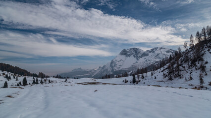 Wall Mural - Trekking day in a snowy autumn in the Dolomiti Friulane, Friuli-Venezia Giulia