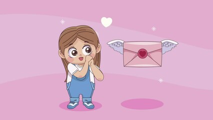 Wall Mural - little lover girl with love letter flying animation