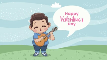 Wall Mural - happy valentines day lettering and boy playing guitar