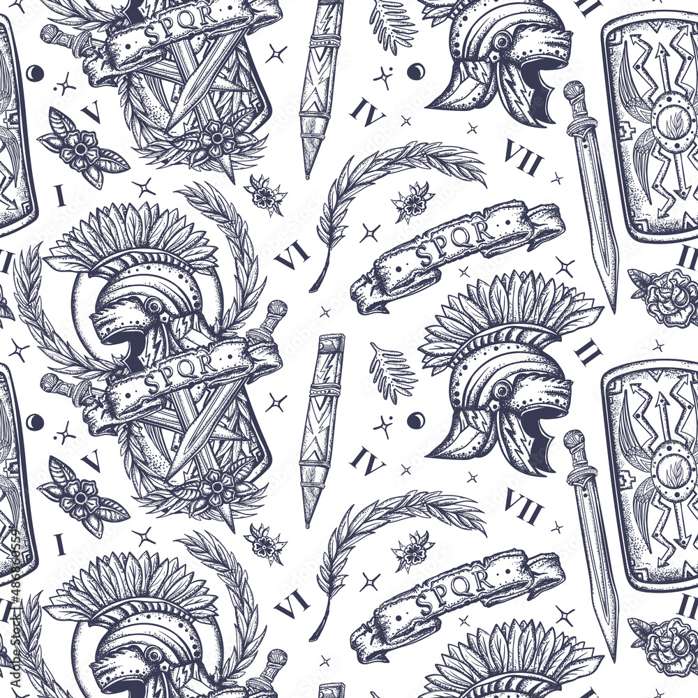 Ancient Rome. Traditional tattooing style. Seamless pattern. History of ...