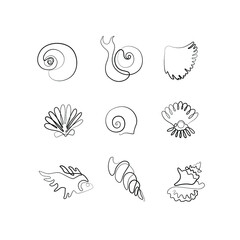 Sea animals continuous line drawing, shell, tattoo, print and logo design, beautiful aquarium fish silhouette single line on a white background, isolated vector line art illustration.