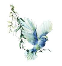 Blue And Azure Bird And Lianas With Green Leaves. Watercolor Painted Arrangement. 
