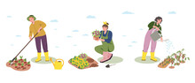 Gardeners Set, Spring - Modern Flat Vector Illustration Concept Of Different People - Men And Women Doing Gardening - Watering, Planting, Pruning, Hoe, Organizing Spring Gardening Concept