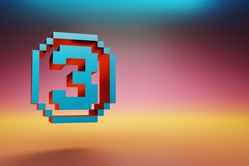 Poster - Pixel number  3. Beautiful Blue Three icons symbol on multicolor bright background. 3d rendering illustration. Background pattern for design.