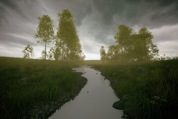 Wall Mural - Countryside with a small river and birch trees under a cloudy sky. 3D render.