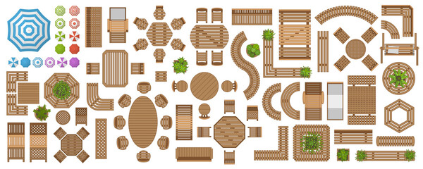 Icons set. Wooden outdoor furniture  and patio items. (top view) Isolated Vector Illustration. Tables, benches, chairs, sunbeds, swings. (view from above). 