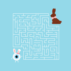 Sticker - Easter eyeball kids maze game. Help eye ball girl with bunny ears to find right way to easter chocolate rabbit candy in labyrinth. Vector flat design optician kid puzzle illustration in cartoon style