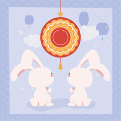 Poster - rabbits and chinese lamp