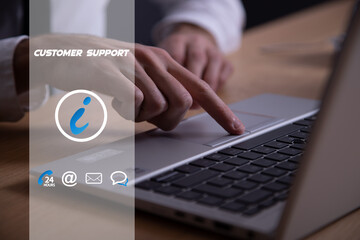 Poster - businessman holding smartphone to contact the customer support