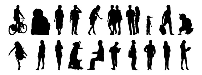 Vector silhouettes, Outline silhouettes of people, Contour drawing, people silhouette, Icon Set Isolated, Silhouette of sitting people, Architectural set	