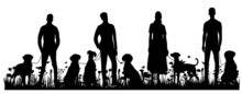 People With Dogs On The Grass Black Silhouette, Isolated Vector