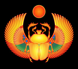 Wall Mural - Scarabaeus sacer, Dung beetle. Sacred symbol of in ancient Egypt. Fantasy ornate insects. Isolated vector illustration. Spirituality, occultism, chemistry, occult sun tattoo.