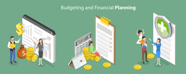 3D Isometric Flat Vector Conceptual Illustration of Budgeting And Financial Planning, Accounting and Calculation Income and Expenses