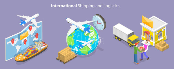 3D Isometric Flat Vector Conceptual Illustration of International Shipping And Logistics, Global Delivery Service