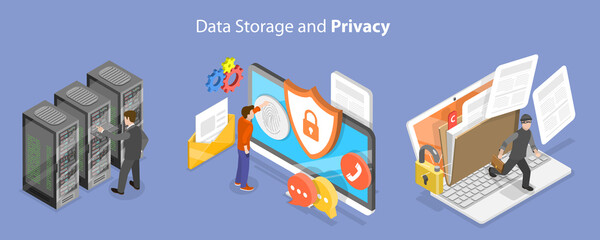 3D Isometric Flat Vector Conceptual Illustration of Data Storage And Privacy, Web Hosting Platform