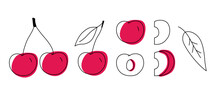 Set Doodle Cherries Outline With Spots. Whole, Pieces, And Leaves.