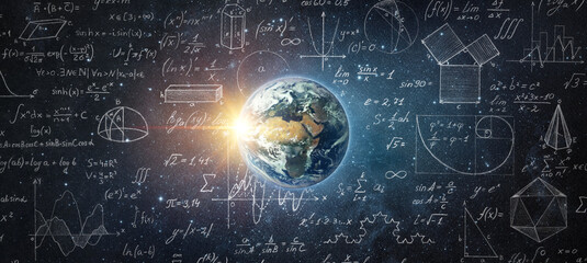 Wall Mural - Mathematical and physical formulas against background of a Earth in universe. Space Background on theme of science and education. Elements of this image furnished by NASA.