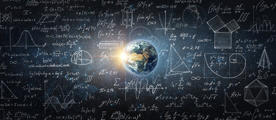 Mathematical and physical formulas against background of a Earth in universe. Space Background on theme of science and education. Elements of this image furnished by NASA.