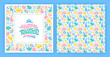 © Pagina - Set of square frame and seamless pattern for Easter celebration. Cute design elements with bunny, coloured eggs and flowers. Front and back side of greeting card. Vector illustration.