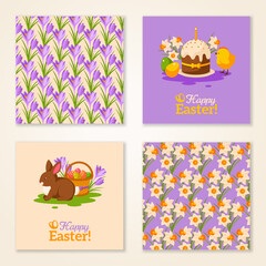 Wall Mural - Vintage Happy Easter Greeting Cards. Vector Illustration. Retro Patterns with Crocus Flowers and Daffodil. Easter Rabbit with Eggs Basket. Easter Cake Composition with Cute Chicken.