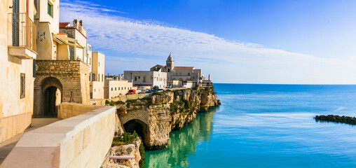 Poster - Italian holidays in Puglia - picturesque town Vieste, Italy travel and summer sea destinations