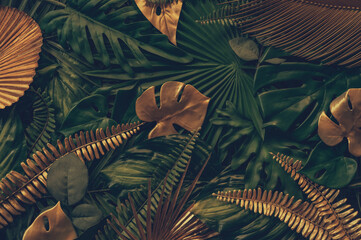 Wall Mural - creative nature background with golden and green tropical palm leaves. minimal summer abstract fores