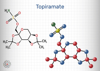 Poster - Topiramate molecule. It is sulfamate-substituted monosaccharide, anticonvulsant, antiseizure drug used in the control of epilepsy. Structural chemical formula, molecule model. Sheet of paper in a cage