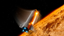 Starship Spacecraft Landing On Mars. Vehicle's Heat Shield. Interplanetary Journeys To New Worlds. Martian Atmosphere. 3d Rendering