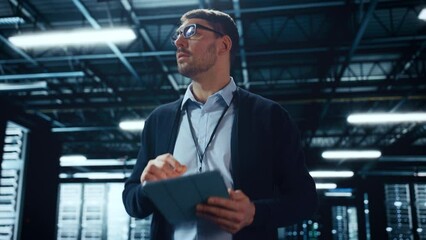 Aufkleber - Male IT Specialist Walks Between Row of Operational Server Racks in Data Center. Engineer Uses Tablet Computer for Maintenance and Diagnostics in Cyber Security and Data Protection Facility.