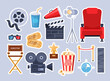Cinema sticker elements. Vector set of movie icon with popcorn, drink, clapperboard, 3d glasses, tape, tickets, chair, video camera, megaphone. Cartoon Illustration for film industry, cinematography