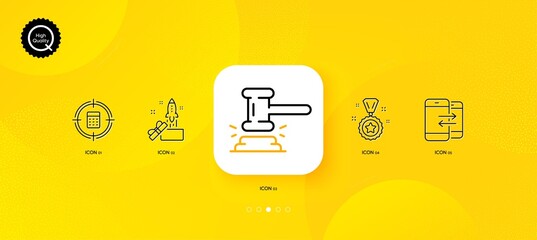 Phone communication, Judge hammer and Calculator target minimal line icons. Yellow abstract background. Innovation, Winner reward icons. For web, application, printing. Vector