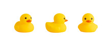 Three Yellow Rubber Duck Toys Isolated On White Background.