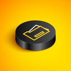 Poster - Isometric line Printer icon isolated on yellow background. Black circle button. Vector