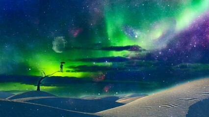 Surreal white desert and galaxies in the sky