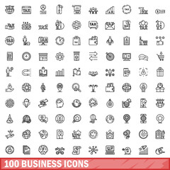 Poster - 100 business icons set. Outline illustration of 100 business icons vector set isolated on white background