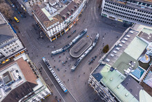 Aerial View Of The Famous Paradeplatz, The Main Square, In Zurich Financial Dsitrict With Many Large Bank HQ Building In Zurich, Switzerland Largest City