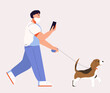© Александра Лисовская - The man goes to the phone in his  hand. The man is walking. The man in the mask. Walking the dog on a leash. Beagle walk. Vector modern flat illustration. Isolated objects.