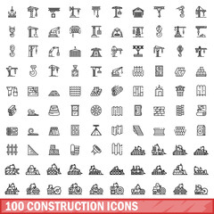 Poster - 100 construction icons set. Outline illustration of 100 construction icons vector set isolated on white background