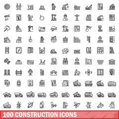 Poster - 100 construction icons set. Outline illustration of 100 construction icons vector set isolated on white background