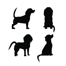 Dogs Silhouette In Different Poses. The Dog Is Sitting.  The Dog Is Standing.  Beagle Silhouette. Set. Vector Flat Illustration. Profile And Full Face
