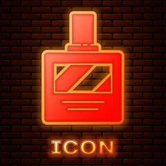 Poster - Glowing neon Aftershave icon isolated on brick wall background. Cologne spray icon. Male perfume bottle. Vector Illustration